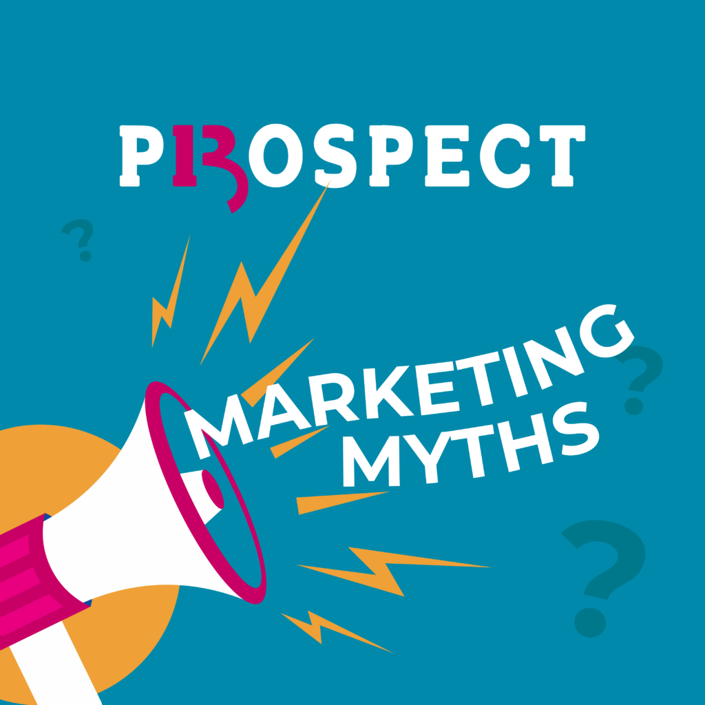 cartoon style image with the words marketing myths coming out of loud speaker
